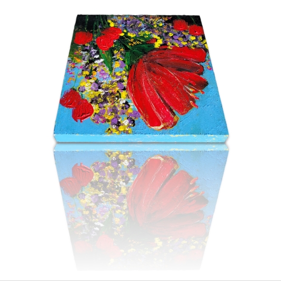 Original Red Poppy Flower Acrylic Painting on Upcycled Square Wood Board - Picture 6 of 13